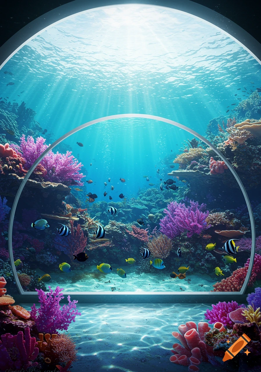 An underwater scene through a large dome window, showing colorful coral reefs, tropical fish, and sun rays streaming from the surface.