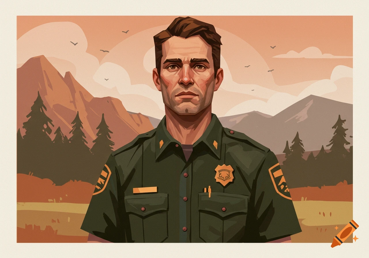 Illustration of a park ranger standing in front of mountains at sunset.