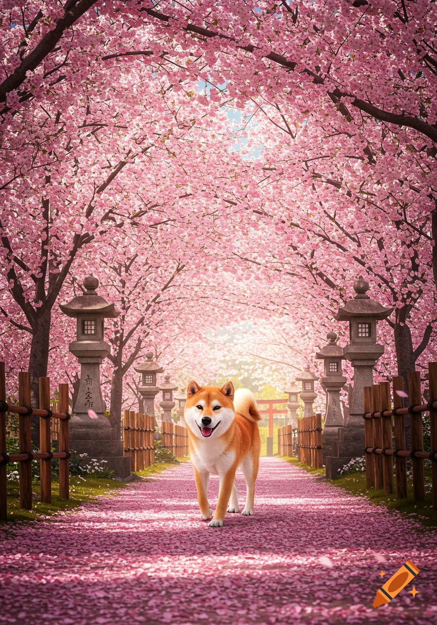 Shiba Inu walks on a petal-covered path under cherry blossoms in Japan.