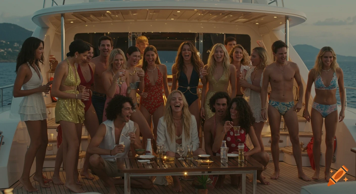 A group of young people laugh and celebrate on a yacht during a party.
