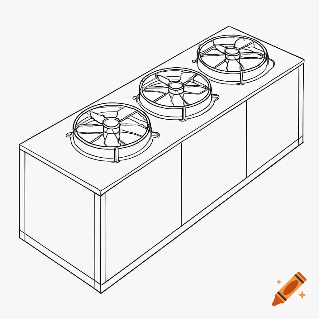 Line drawing of a long box with three industrial fans on top.