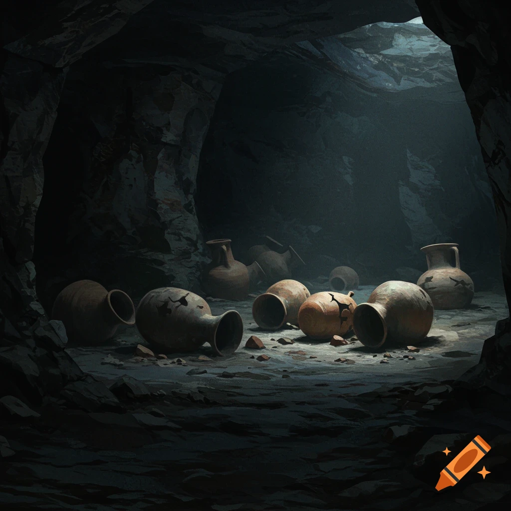 Ancient pottery jars scattered on the ground inside a dark cave, lit by a single light source.