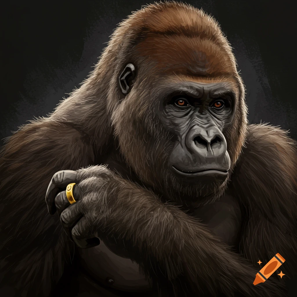 Close-up illustration of a gorilla wearing a gold ring.