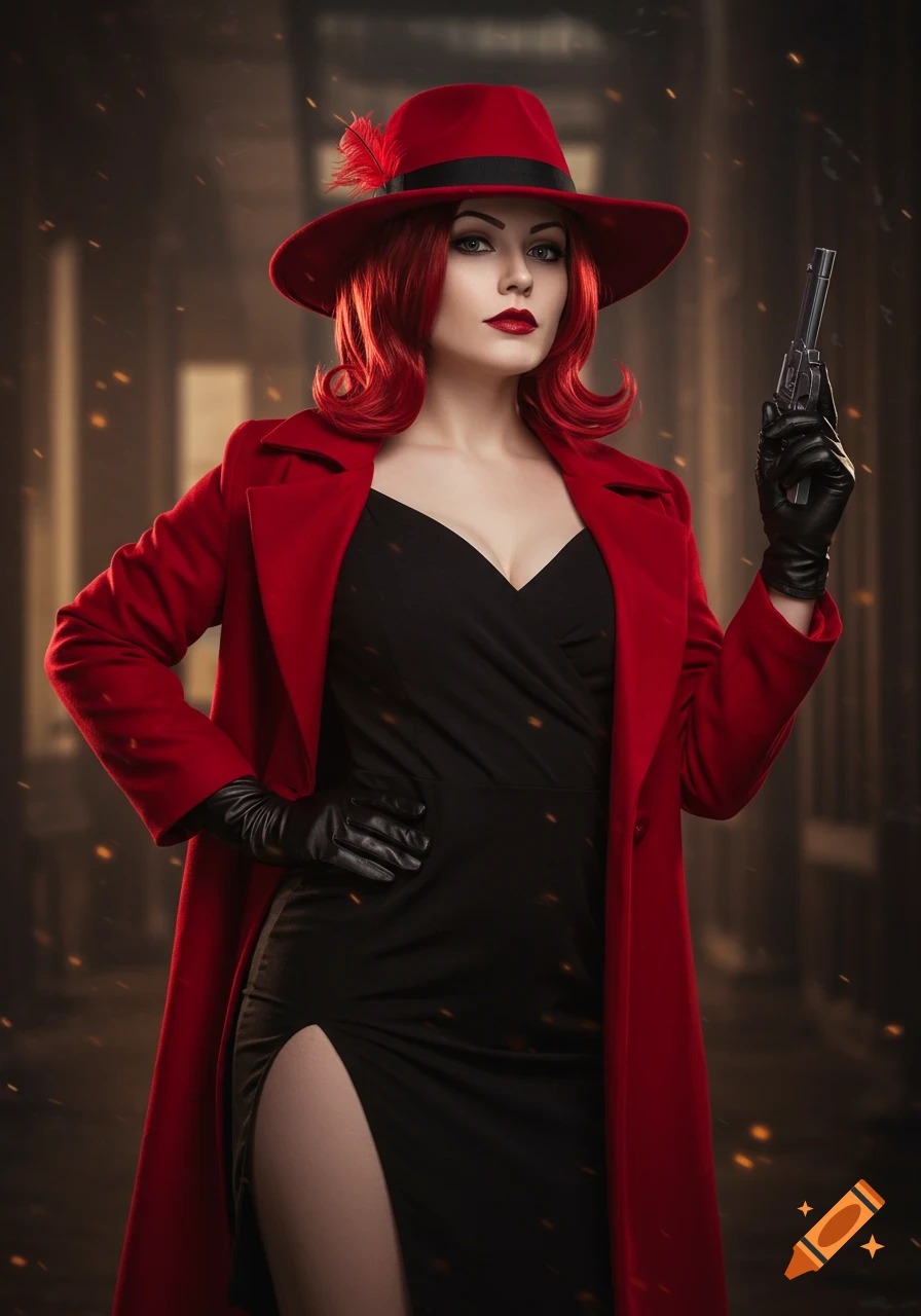Woman in red hat, coat, black dress holding a gun