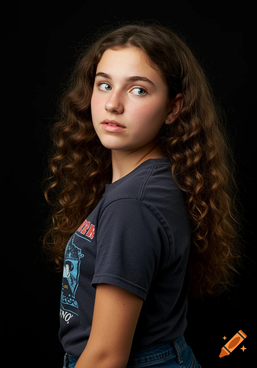 Photorealistic portrait of a teenager looking over their shoulder on a black background.