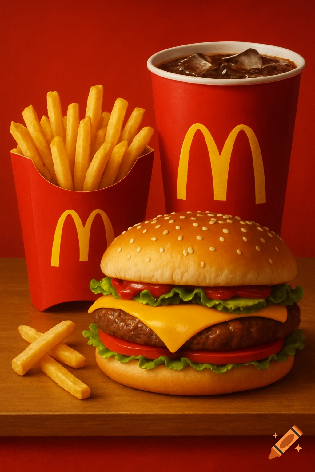 A cheeseburger, fries, and soda with McDonald's-style branding on a table.