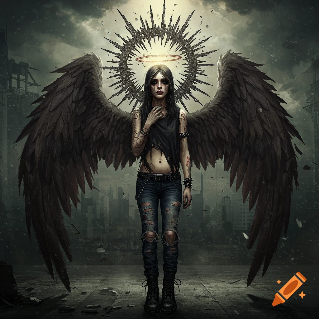 Grunge angel with dark wings and spiky halo in a ruined city.