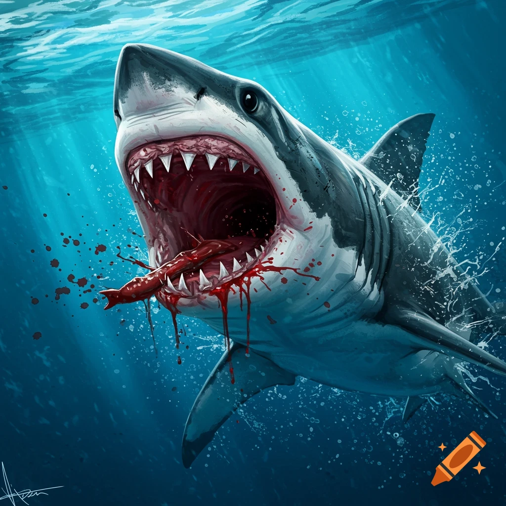 Illustration of a great white shark underwater with its mouth open, dripping blood.
