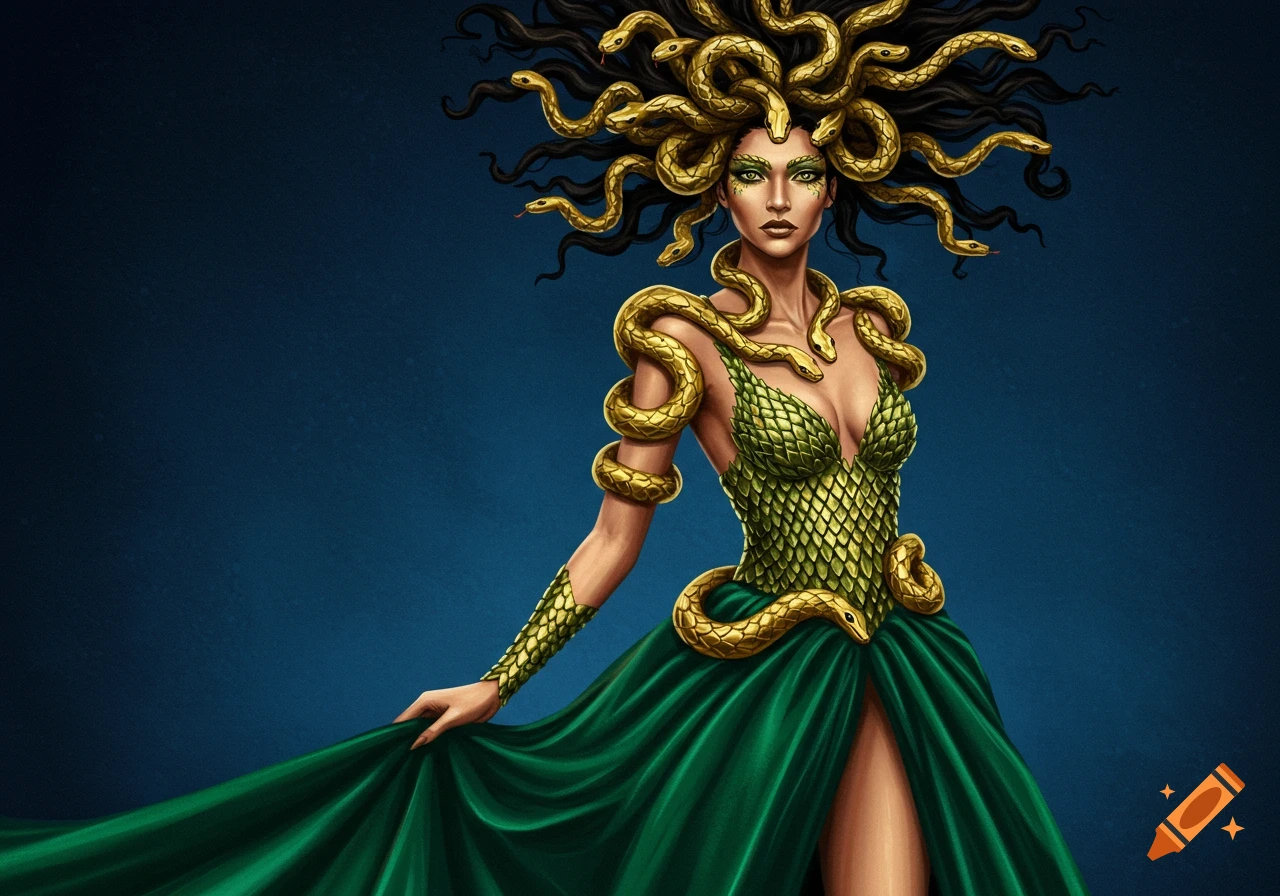goddess dressed in green A woman as the Greek Medusa a gown with gold snake details. on Craiyon colour:CHAMPAGNE