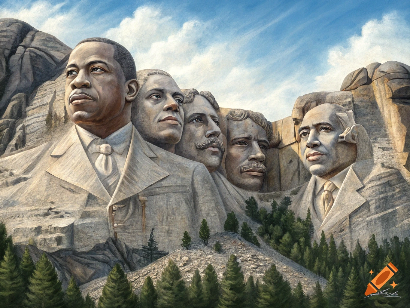 Carved heads of men in suits on a mountain, resembling Mount Rushmore.