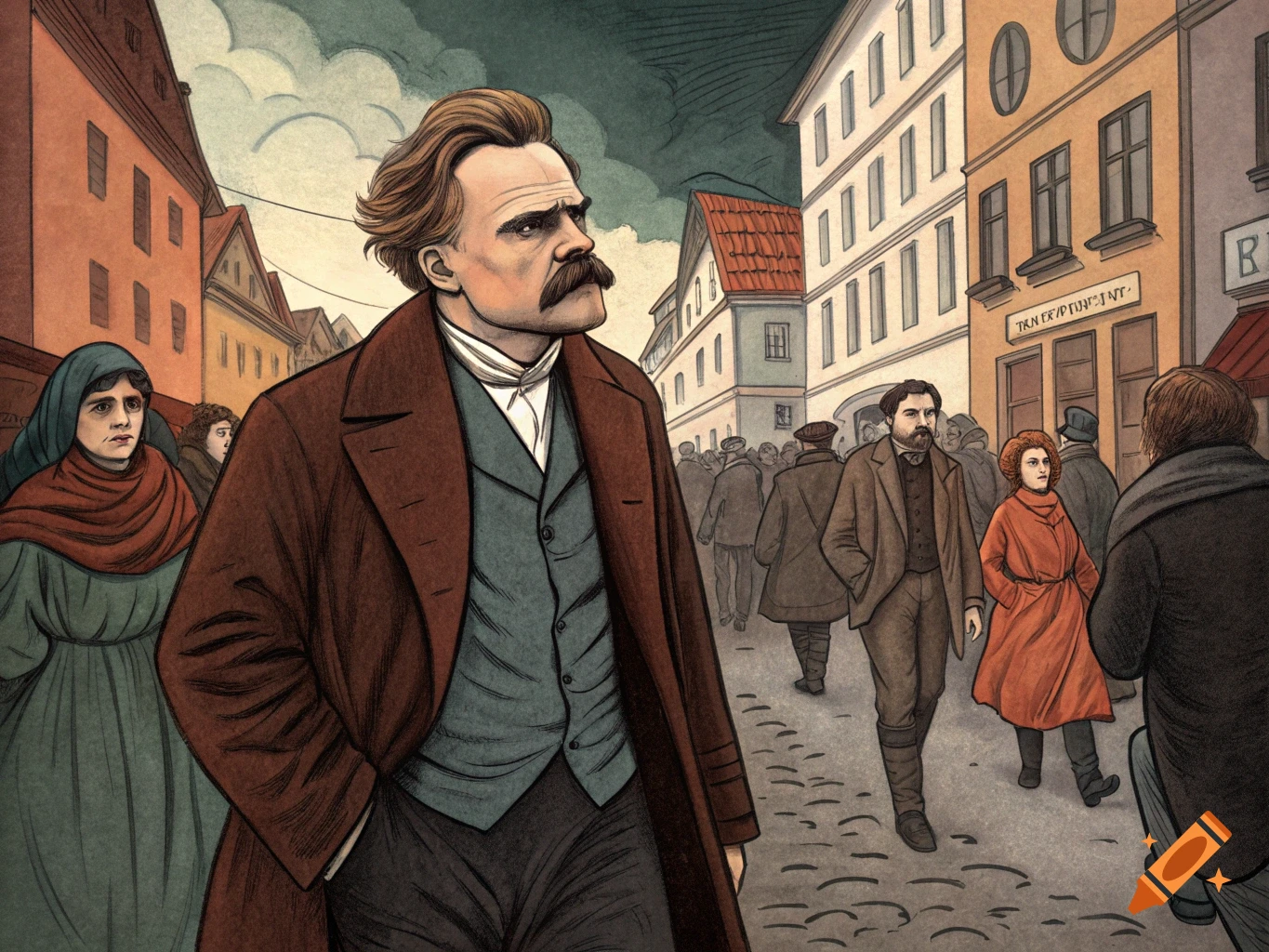 Expressionist painting of philosopher Friedrich Nietzsche walking through a bustling European town street.