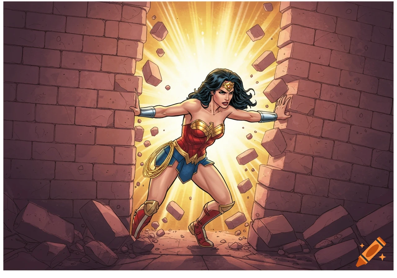 Wonder Woman breaks through a brick wall in a comic book style illustration.
