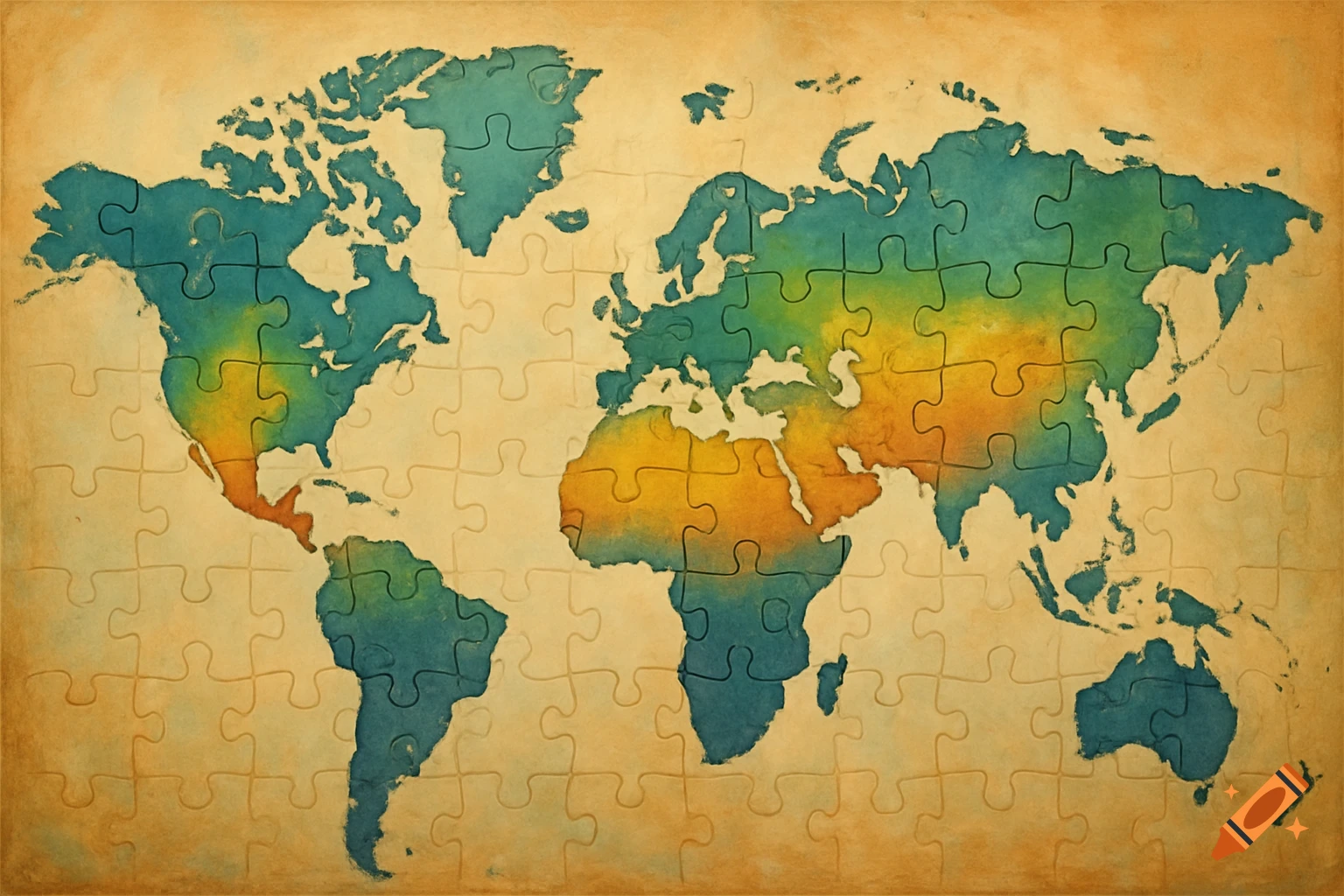 A world map depicted as a jigsaw puzzle on textured paper.
