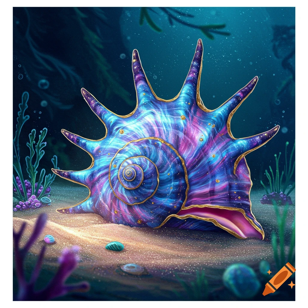 A vibrant, glowing conch shell on a sandy seabed with seaweed.