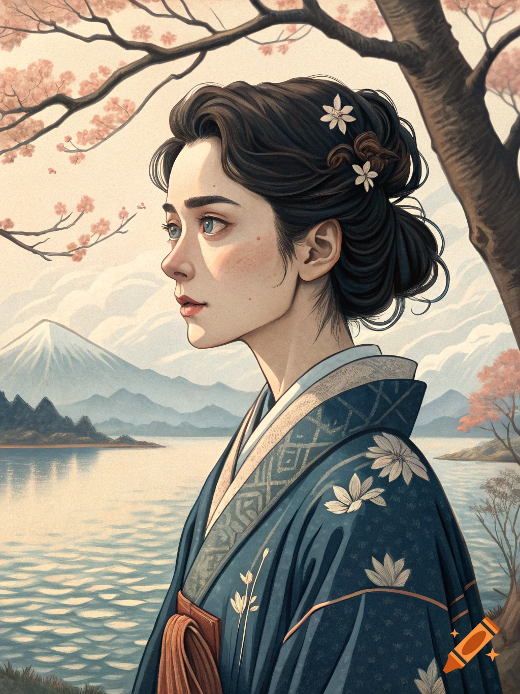 Portrait of a woman in traditional Japanese attire by a lake with mountains and cherry blossoms, in a hokusai-inspired style.