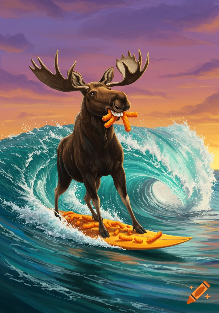 A moose surfs on a wave eating Cheetos, with Cheetos on the board, at sunset.