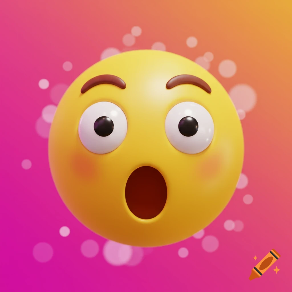 A yellow 3D shocked emoji with wide eyes and an open mouth against a gradient background.