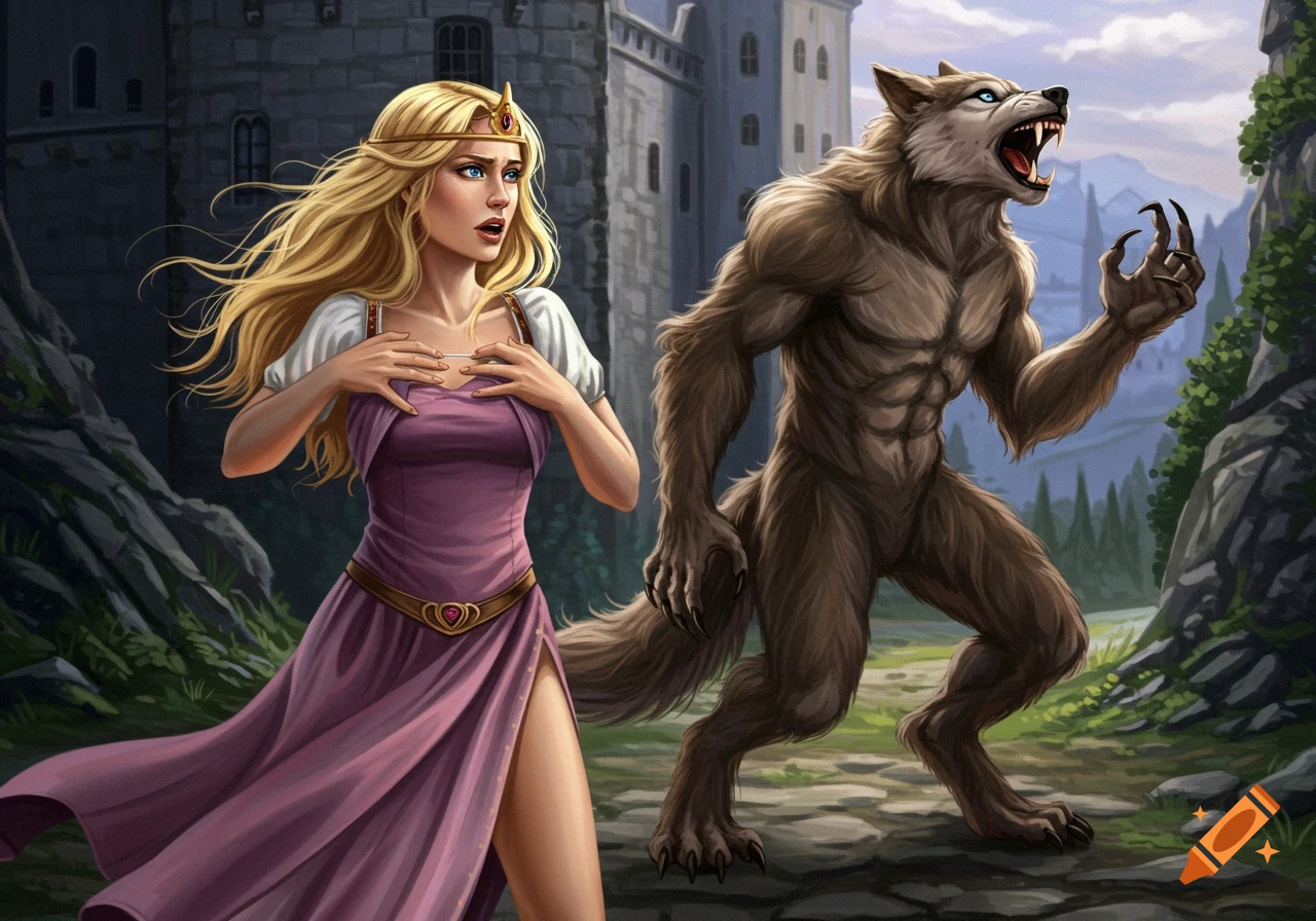 A princess in a purple dress looks startled by a snarling werewolf outside a castle.
