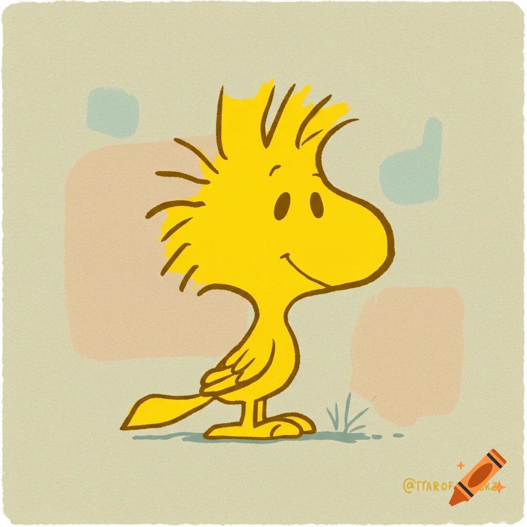 Cartoon illustration of Woodstock from Peanuts on a textured background.