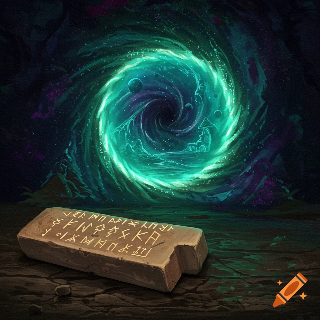A swirling green portal and a stone tablet with symbols in a dark cave.