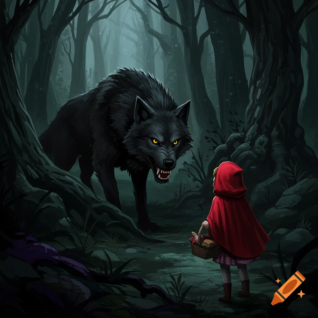Little Red Riding Hood faces a large black wolf with glowing eyes in a dark forest. Illustration style.