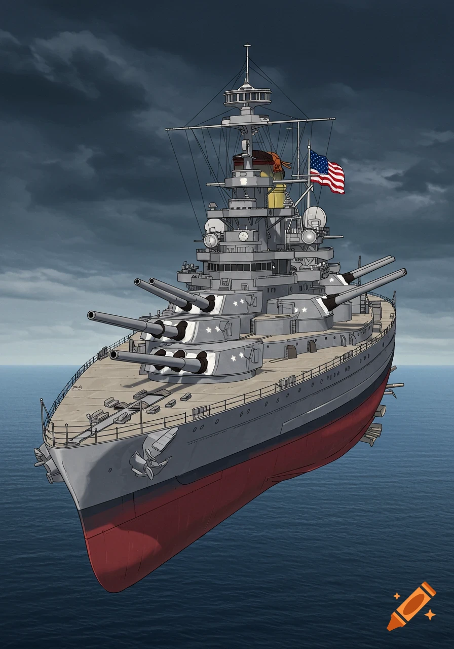 A stylized battleship with multiple large guns flies above the ocean under a stormy sky.