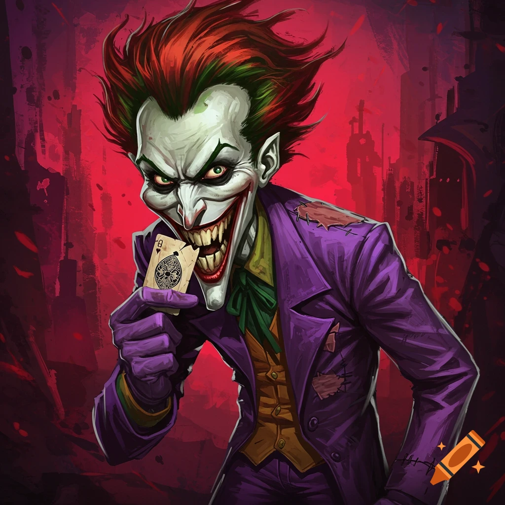 Illustrated character resembling the Joker holding a Queen of Spades card.