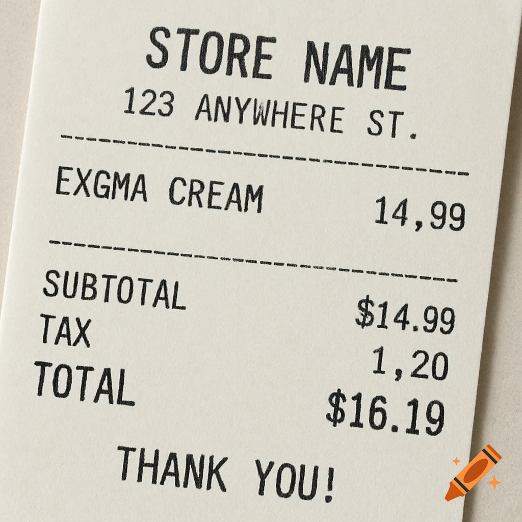 Close-up of a paper receipt with text 'STORE NAME', address, 'EXGMA CREAM', and totals.
