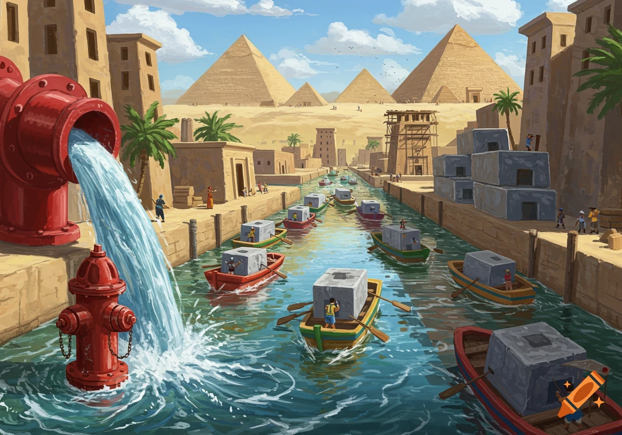 Illustrated scene of a fire hydrant filling a canal where boats carry blocks towards pyramids under construction.