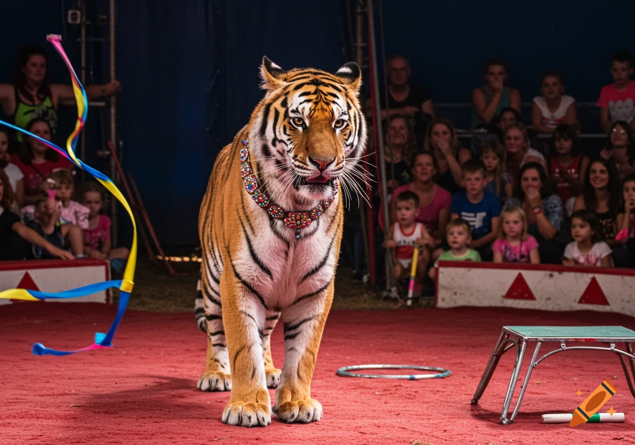 A tiger wearing a decorative collar stands on a red circus floor with a blurred audience in the background.