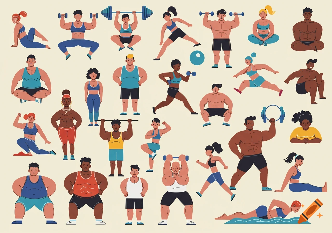 Vector illustration of diverse people exercising in various fitness activities.
