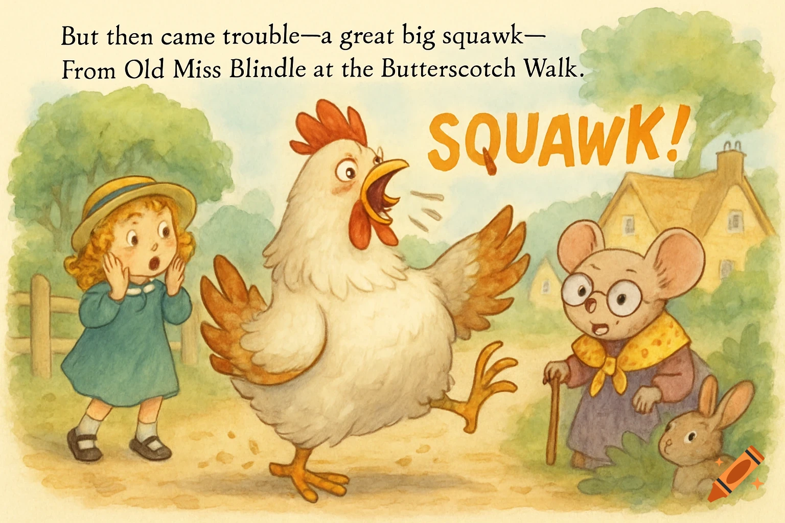 Whimsical watercolor illustration of a girl reacting to a squawking chicken, with a mouse and rabbit watching. Text: SQUAWK!