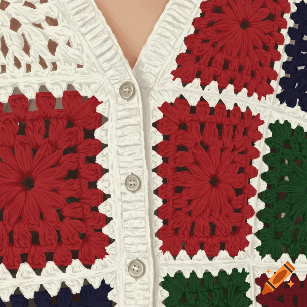 Close-up of a crochet squares cardigan with white, red, blue, and green squares.