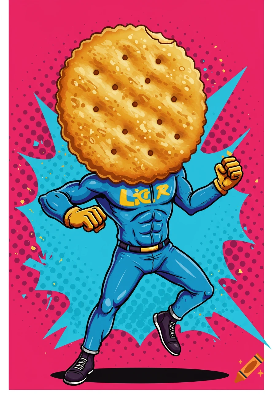 A cartoon superhero character with a large cracker for a head, posed against a pink and blue pop art background.
