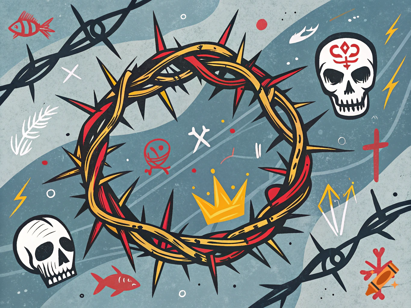 A crown of thorns surrounded by symbolic elements including skulls, barbed wire, fish, and a crown, in a bold, textured graffiti style.
