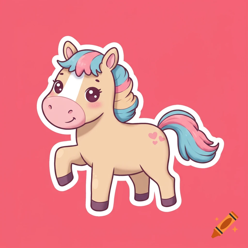 Cute cartoon horse sticker on a pink background.