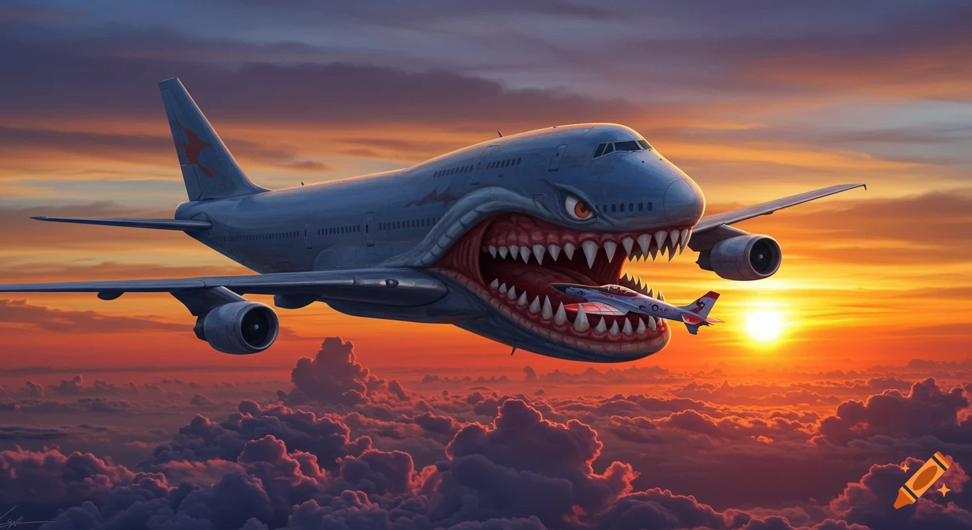 Surreal digital painting of a large airplane with shark teeth eating a smaller plane at sunset over clouds.