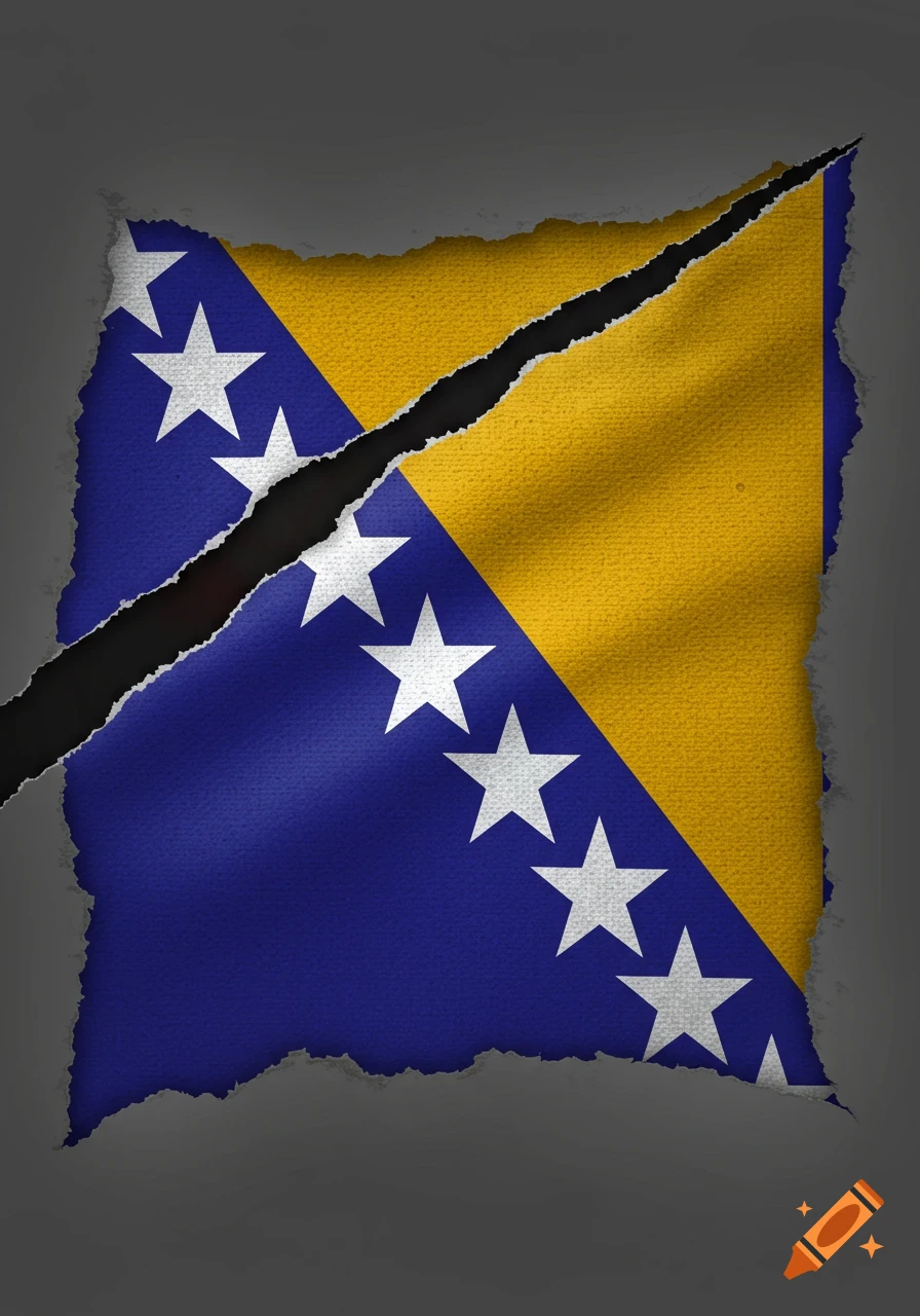 A torn flag of Bosnia and Herzegovina against a grey background.
