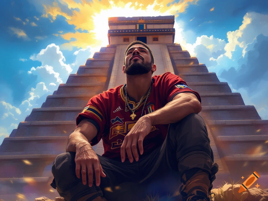 Man in red jersey kneels before a pyramid looking at the sky, digital art.