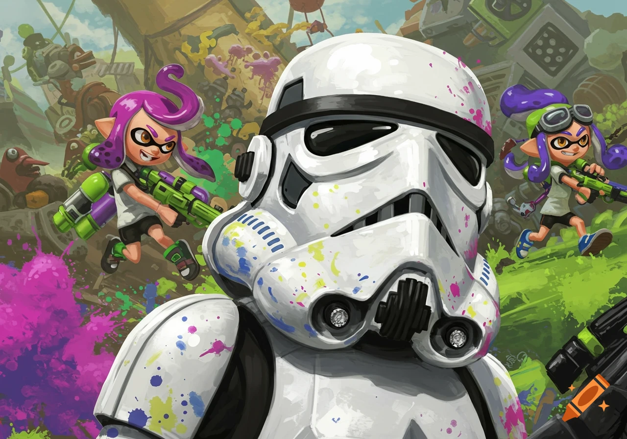 Digital painting of a Stormtrooper and Splatoon Inklings in an ink-splattered battle.