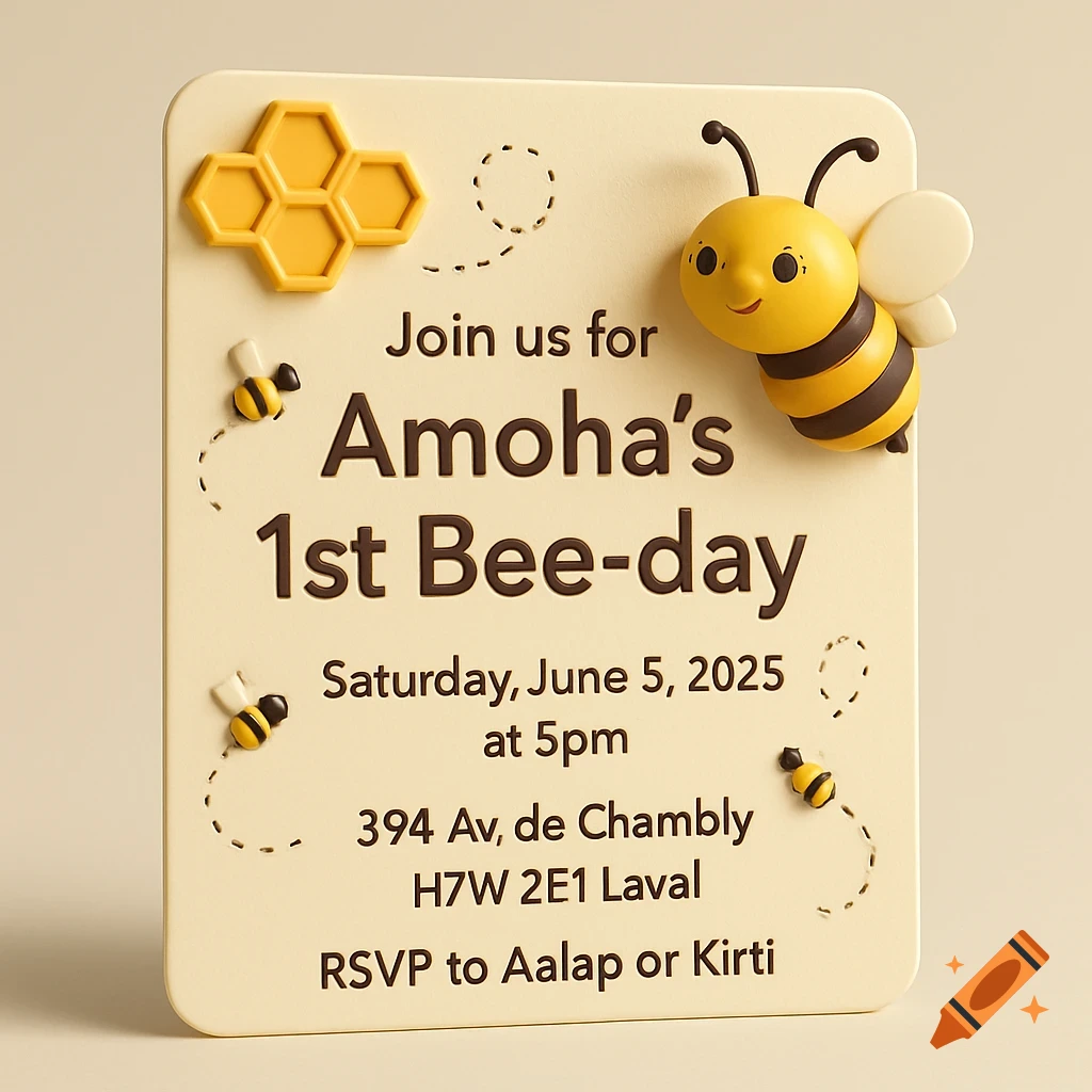 A 3D illustration of a bee-themed baby's first birthday invitation.