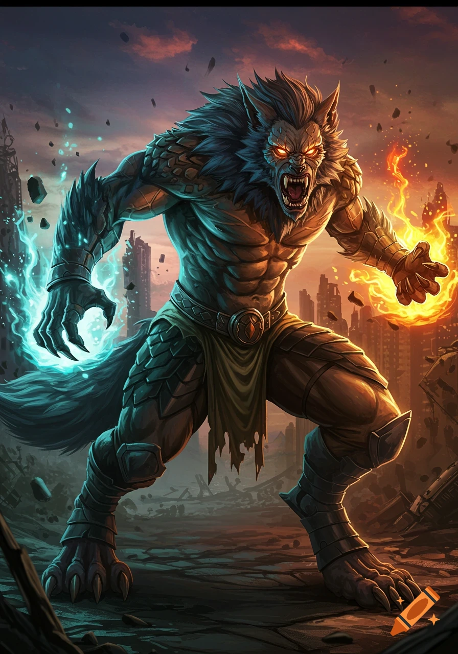 Fantasy illustration of a monstrous werewolf creature with glowing eyes and claws, armored shoulders and legs, wielding blue energy and fire in its hands in a ruined city.
