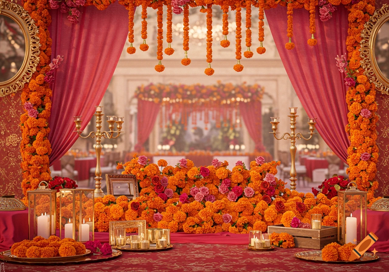 Wedding decor with orange marigolds, pink roses, red fabric, and gold candle holders.