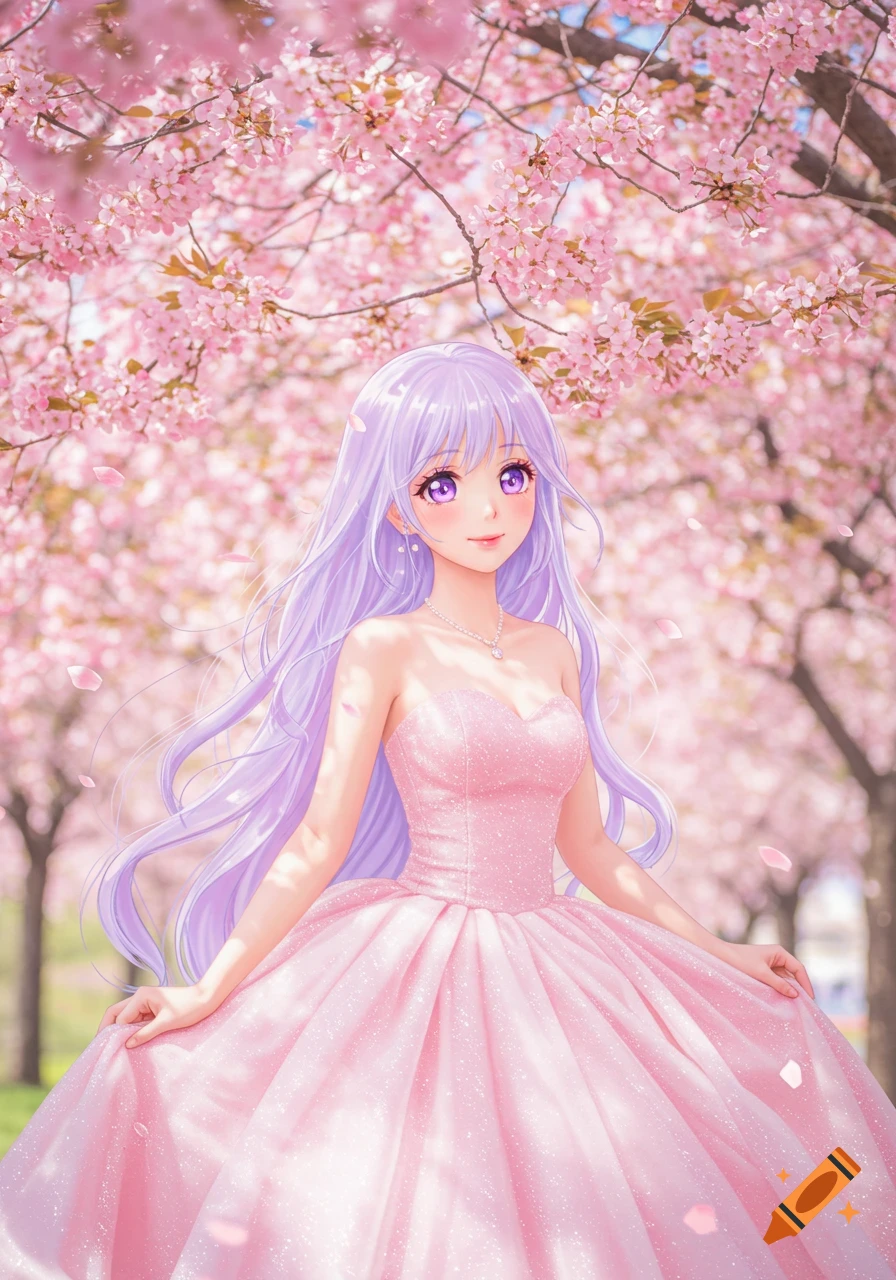 Anime girl in pink ballgown under cherry blossoms.