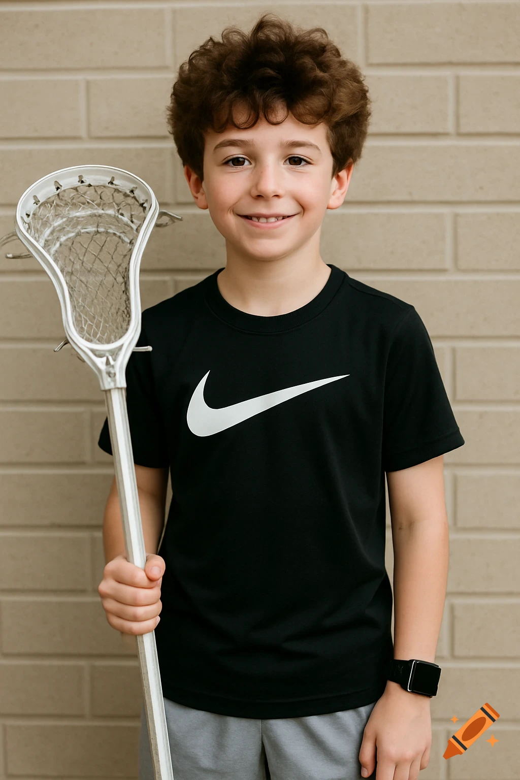 Young boy in a black Nike shirt holding a lacrosse stick, smiling in front of a brick wall.