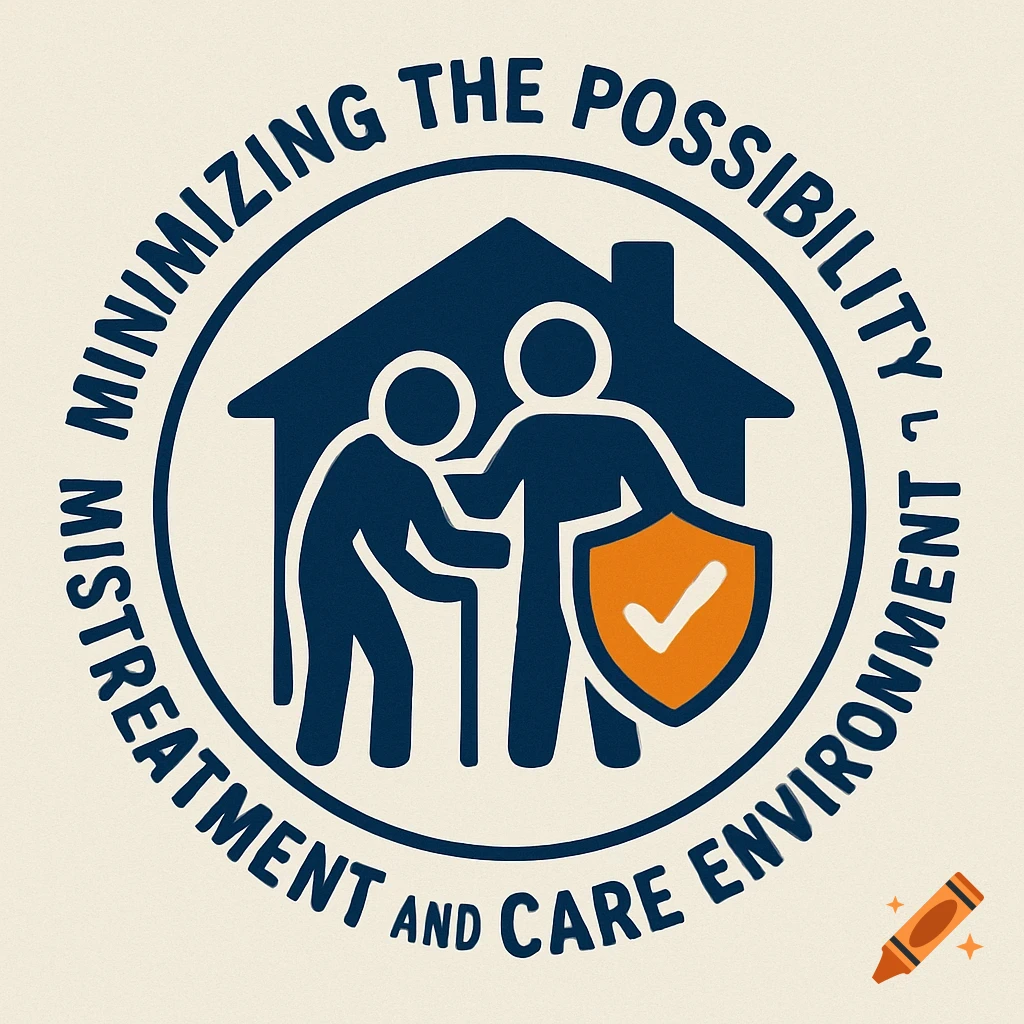 Logo symbol with two figures inside a house outline, one old with a cane, one helping, with a shield and checkmark, surrounded by text in a circle.