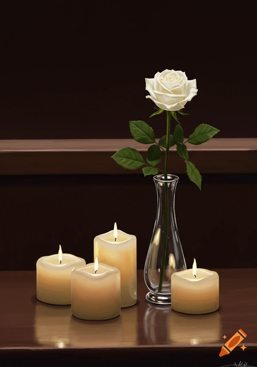 A white rose in a glass vase sits on a wooden surface beside four lit candles against a dark background.