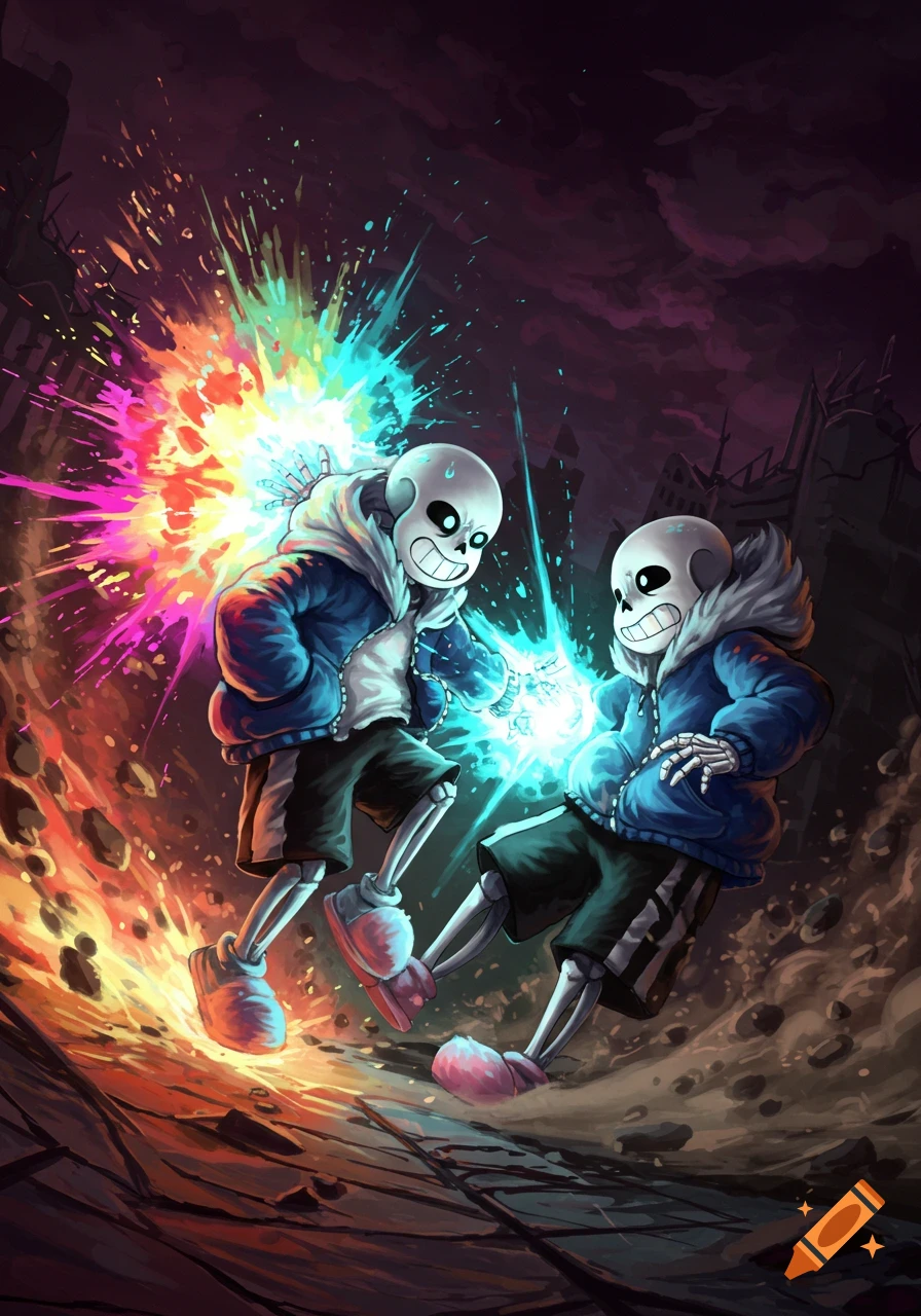 Two stylized skeletons fight with magical energy bursts in a dark, ruined landscape, vibrant digital art.