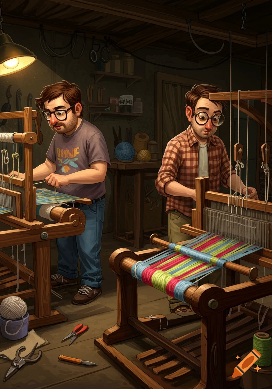 Two men with glasses weave on wooden looms in a workshop.