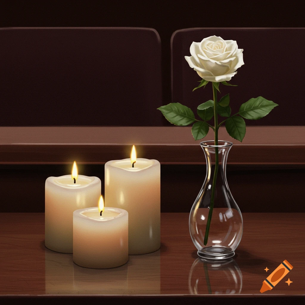 Three lit candles and a white rose in a vase sit on a table.